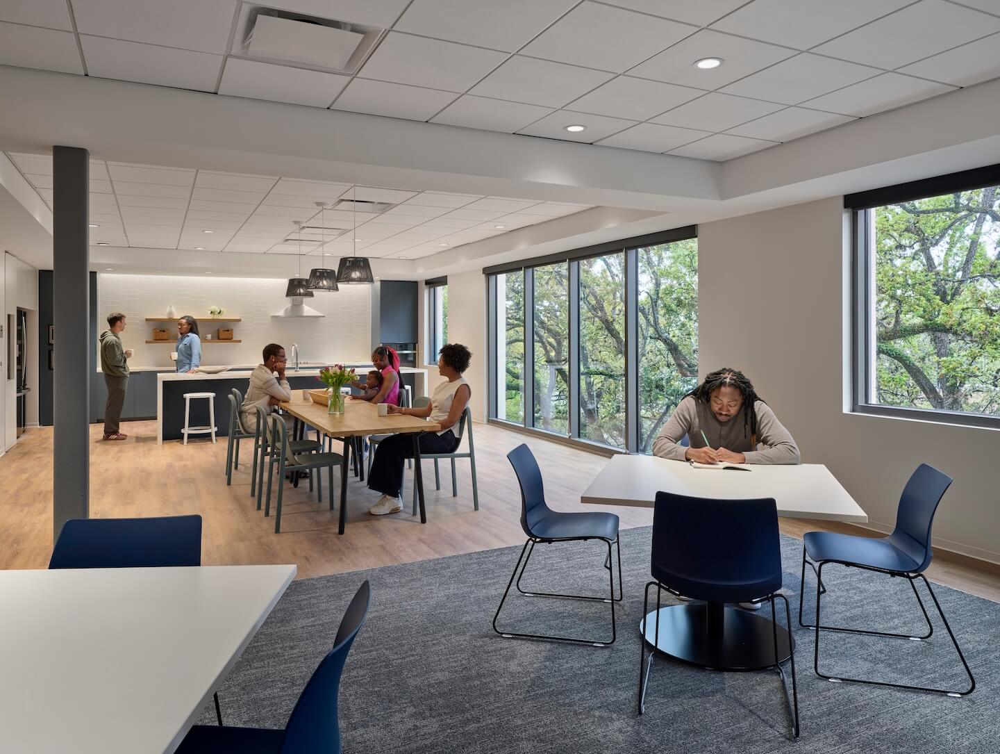 A light and airy kitchen at Covenant House is an uplifting space to help support the emotional and physical well-being of homeless youth.