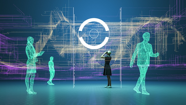 A photo of generative AI with fake people walking around