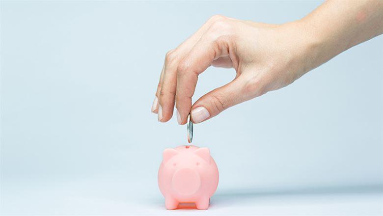 hand putting a coin into a piggy bank