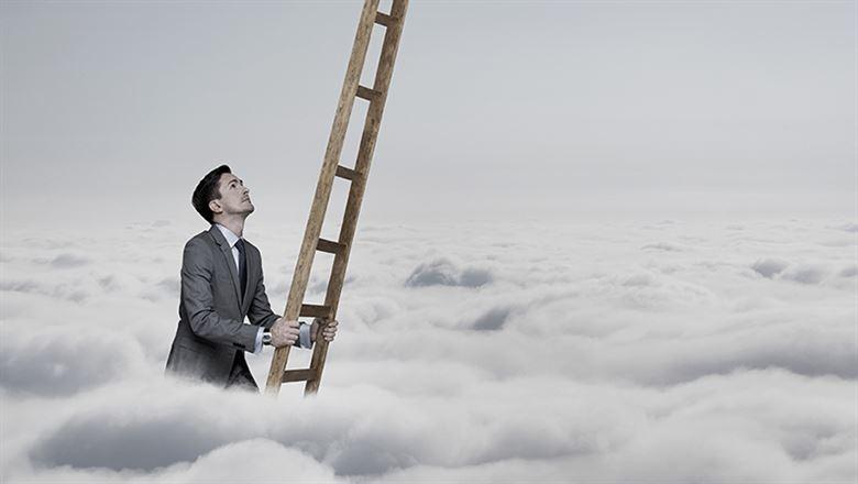 a young professional climbing a ladder