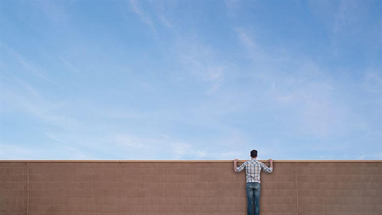 person peering over a large stone wall