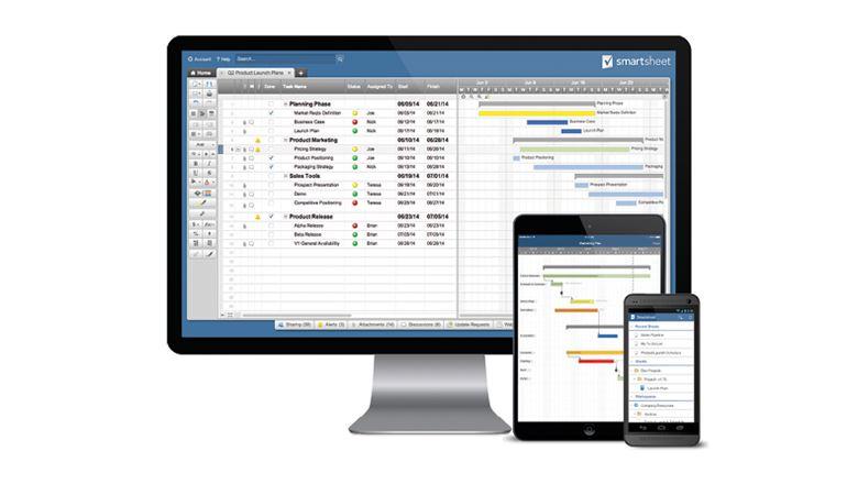 smartsheet app displayed on a desktop screen and a smartphone