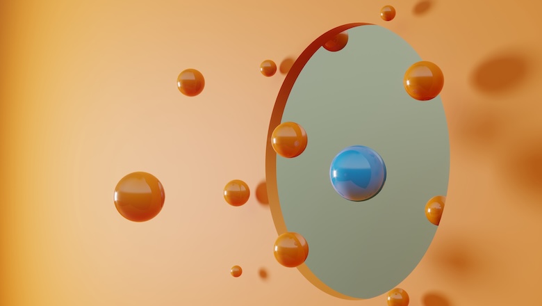Same colored spheres and a blue colored one flowing through a circle shaped portal. (3d render)
