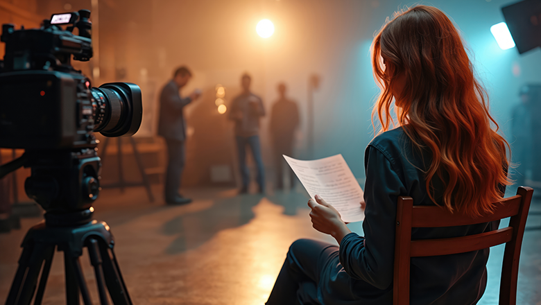 actress reading script on set