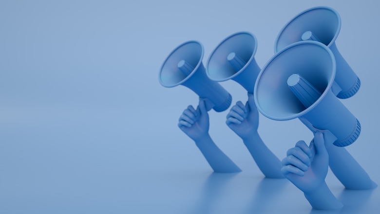 3d rendering of man is holding megaphone in his hand. Advertisement, announcement message.