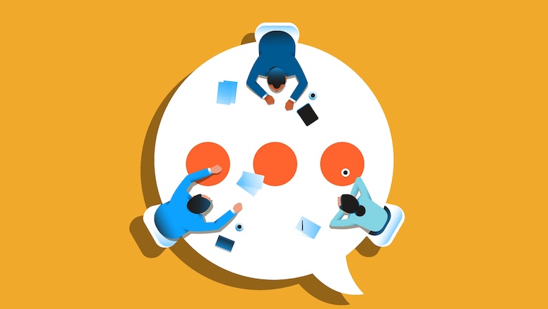 Three people discussing at the table in the shape of text bubble. Connection, communication concept. Vector illustration.