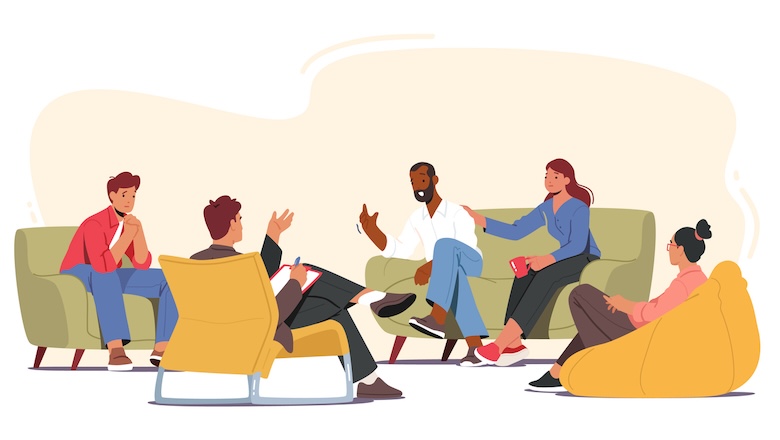 An illustration of people sitting on couches talking in a group.