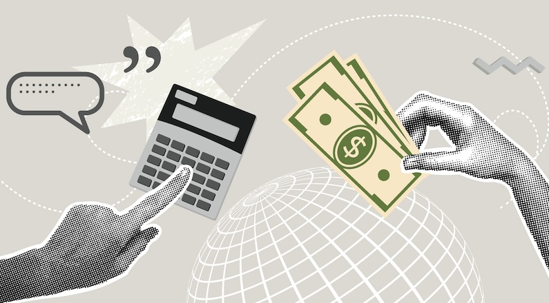 An illustration of a hand holding money and another hand holding a calculator