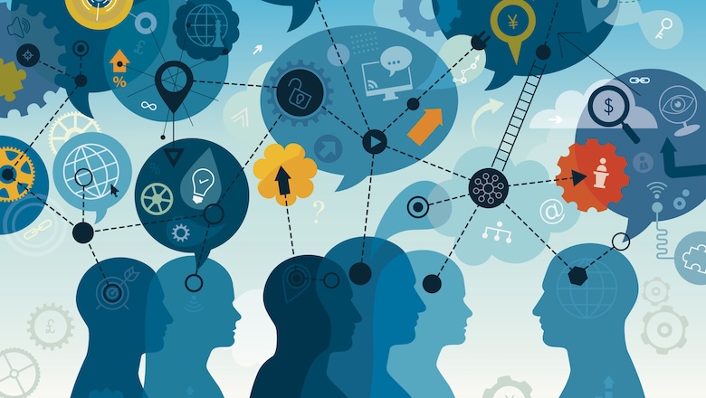 Vector illustration depicting interactive seminar that is transmitted over the web using video conferencing software. We can see a participants which are placed on the bottom of illustration. A silhouettes on the left are participants/audience, while silhouette on the right is a lecturer/presenter. 