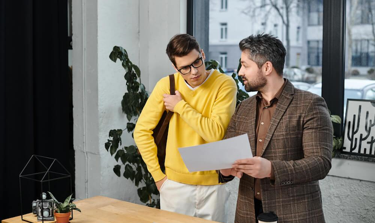Two men talking in an office