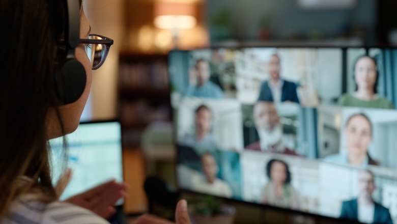 Woman, video call and conference or virtual meeting on screen discussion at home office, collage or webinar.