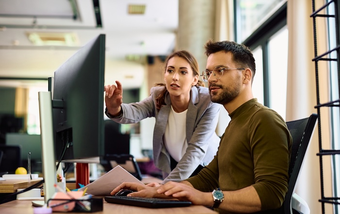 Two coworkers collaborating at a computer.